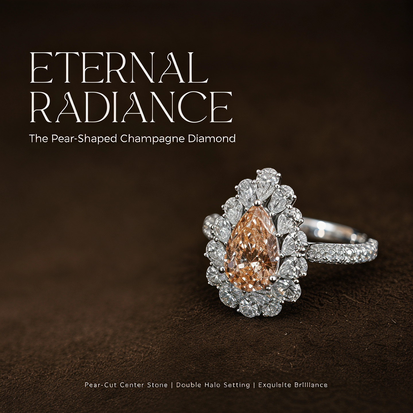 18K Gold Lab-Grown Champagne Diamond Pear-Shaped Double Halo Ring - Eternal Radiance