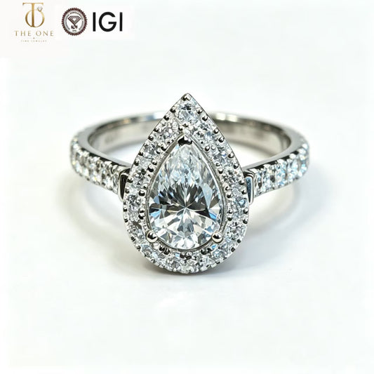 18K Gold Lab-Grown Diamond Pear-Shaped Halo Ring | IGI Certified