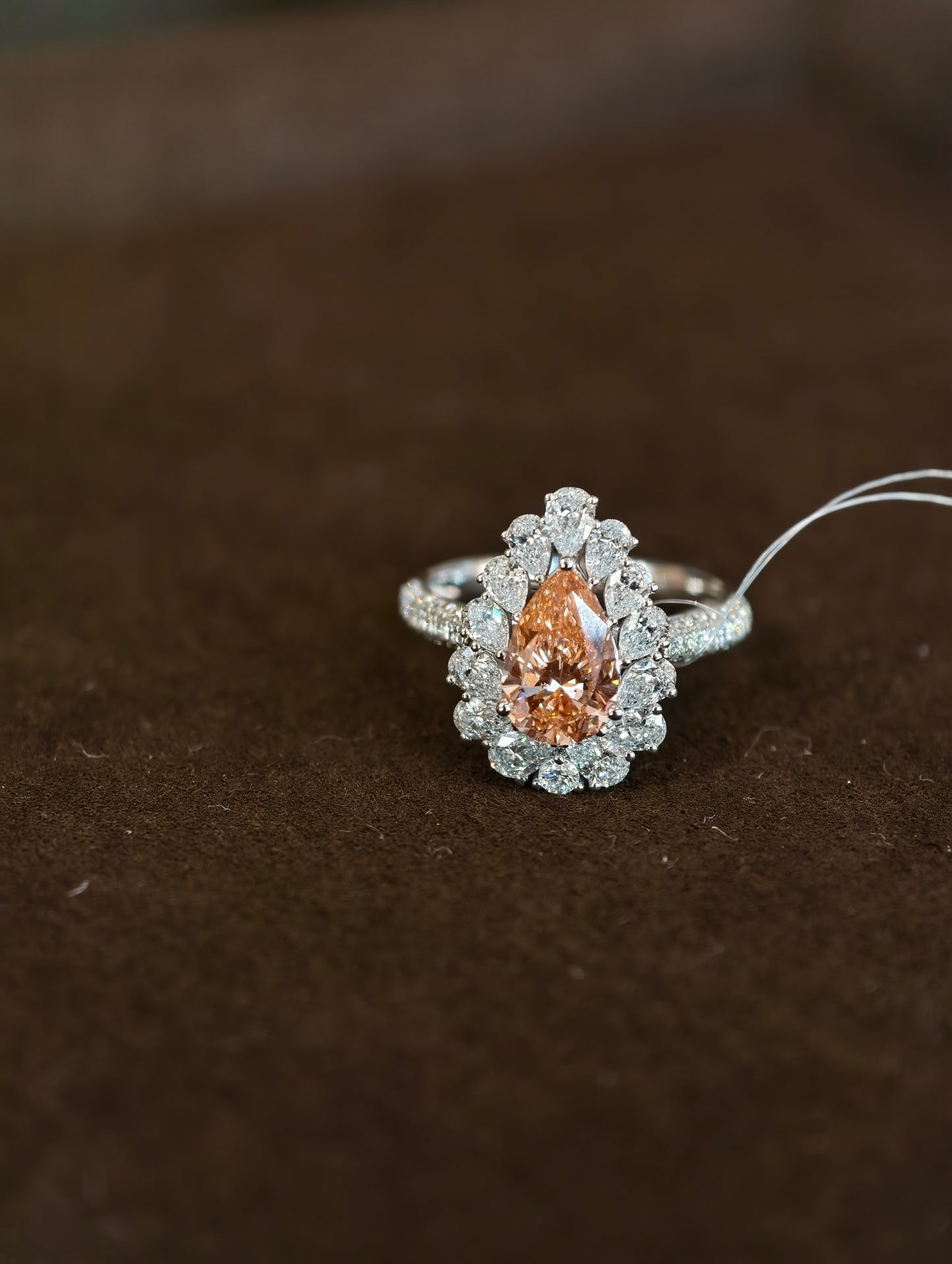 18K Gold Lab-Grown Champagne Diamond Pear-Shaped Double Halo Ring | IGI Certified