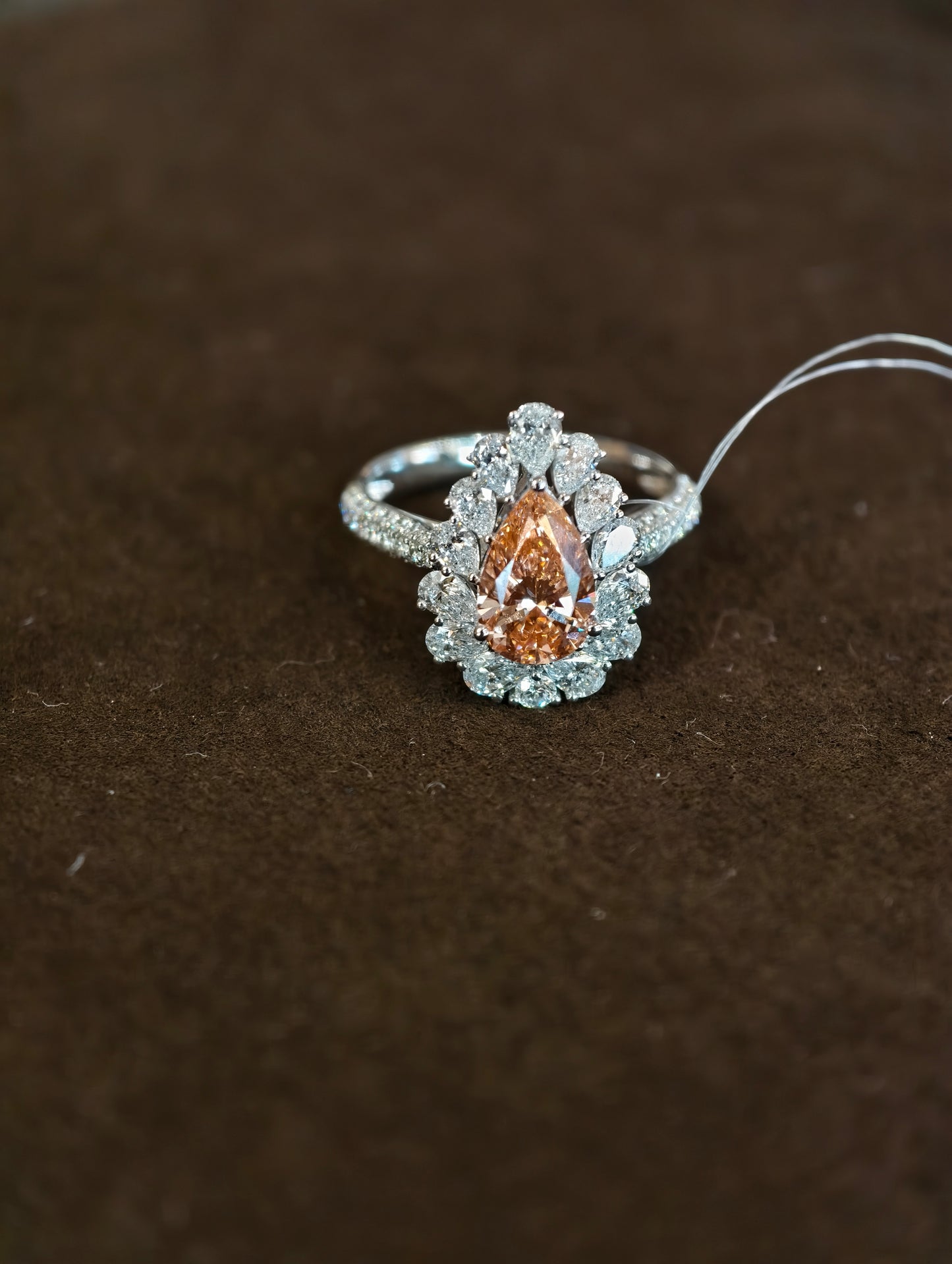 18K Gold Lab-Grown Champagne Diamond Pear-Shaped Double Halo Ring | IGI Certified
