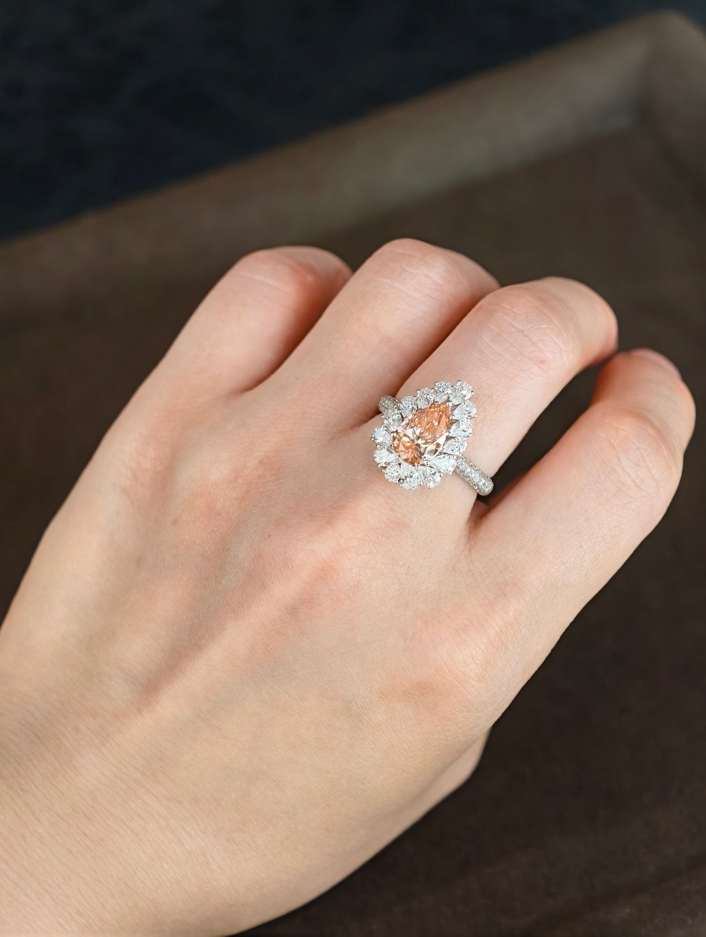 18K Gold Lab-Grown Champagne Diamond Pear-Shaped Double Halo Ring | IGI Certified