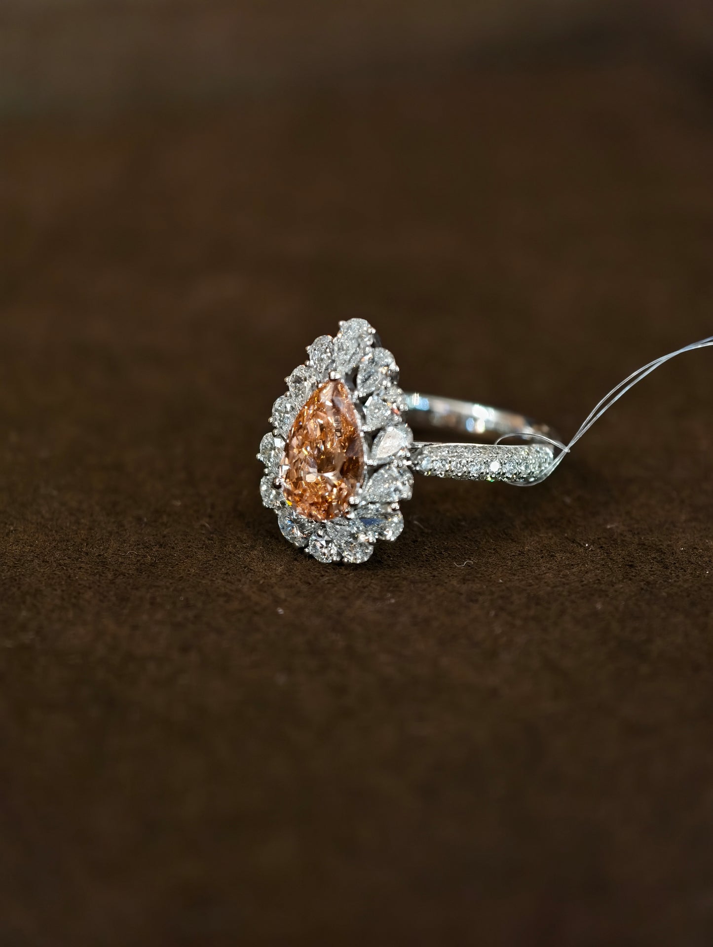 18K Gold Lab-Grown Champagne Diamond Pear-Shaped Double Halo Ring | IGI Certified