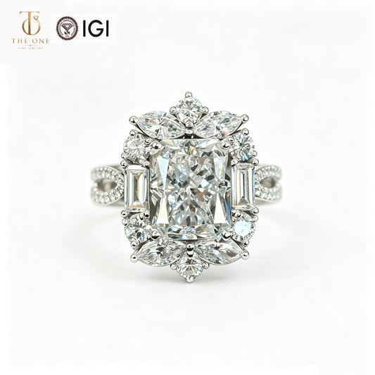 18K Gold Lab-Grown Radiant Cut Diamond Floral Halo Ring | IGI Certified