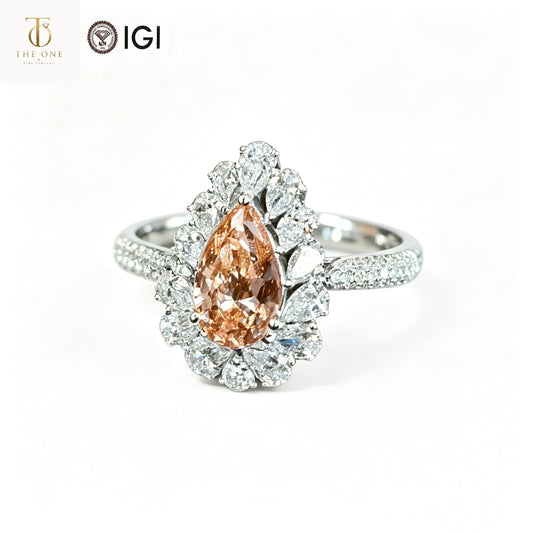 18K Gold Lab-Grown Champagne Diamond Pear-Shaped Double Halo Ring | IGI Certified