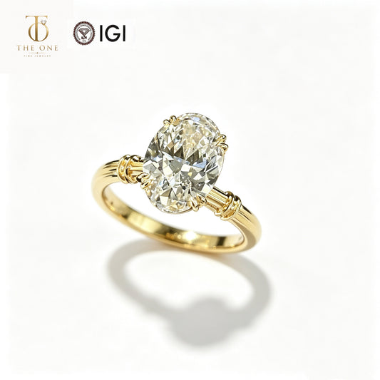 Oval Cut Side Stone Lab Diamond Engagement Ring | 3.000ct D Color | 18K Solid Yellow Gold | TR00141